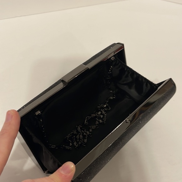 Clutch Purse Black Sparkle with Hideaway Metal Fancy Shoulder Strap. - Picture 4 of 9